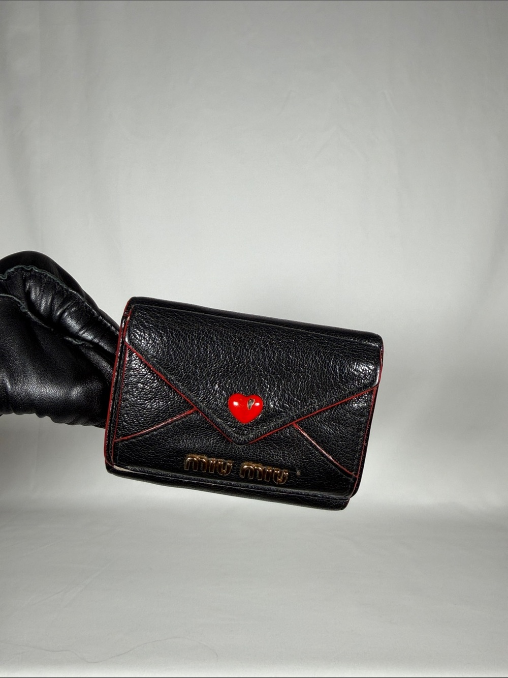 Miu Miu Madras Love Black Goatskin Leather Trifold Wallet